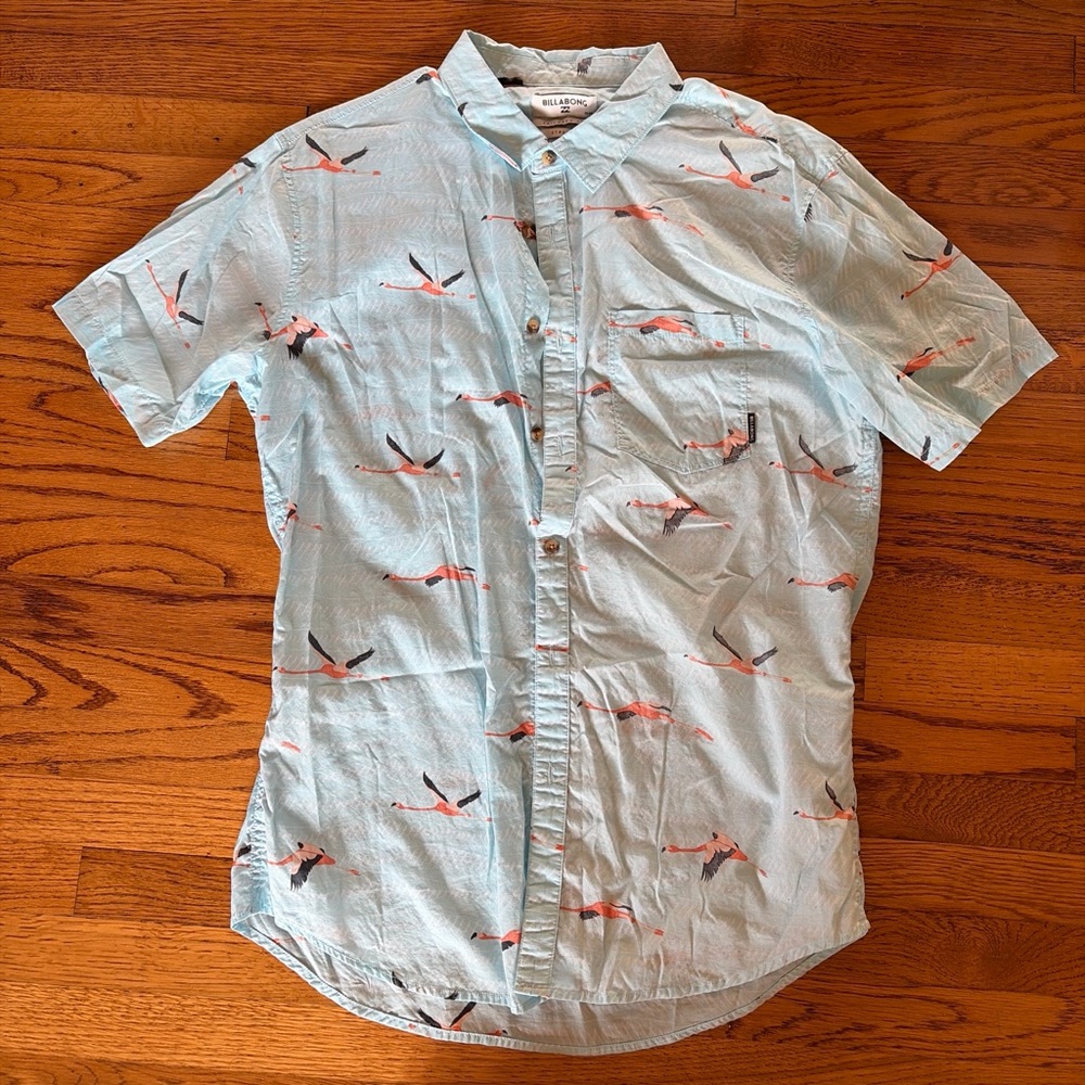 Billabong Light Blue Short-Sleeve Button-Up with Pink Flamingo Pattern